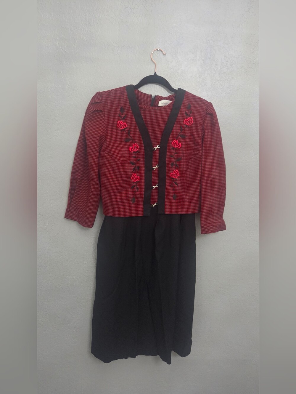 Vintage Miss Dorby Red Houndstooth Floral Embroidered Dress Set Size 12